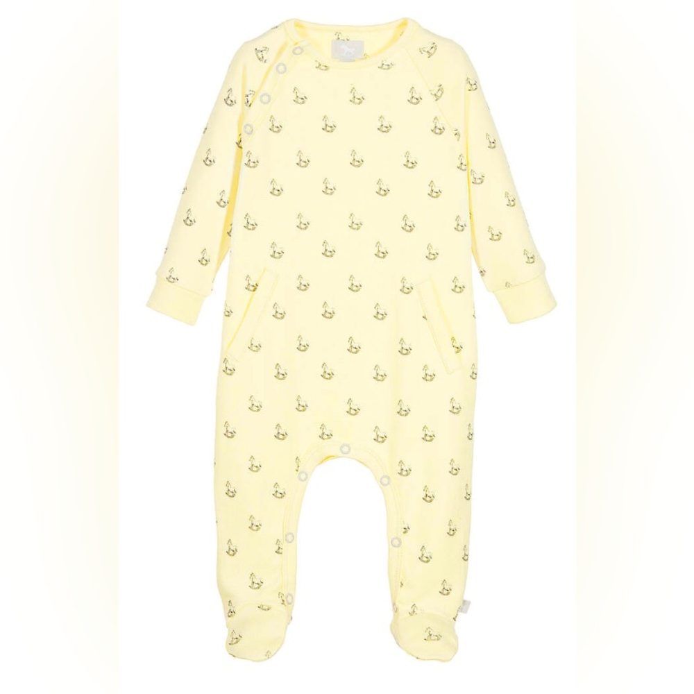EUC⭐️THE LITTLE TAILOR, Footie/Babysuit with rocking horses, yellow